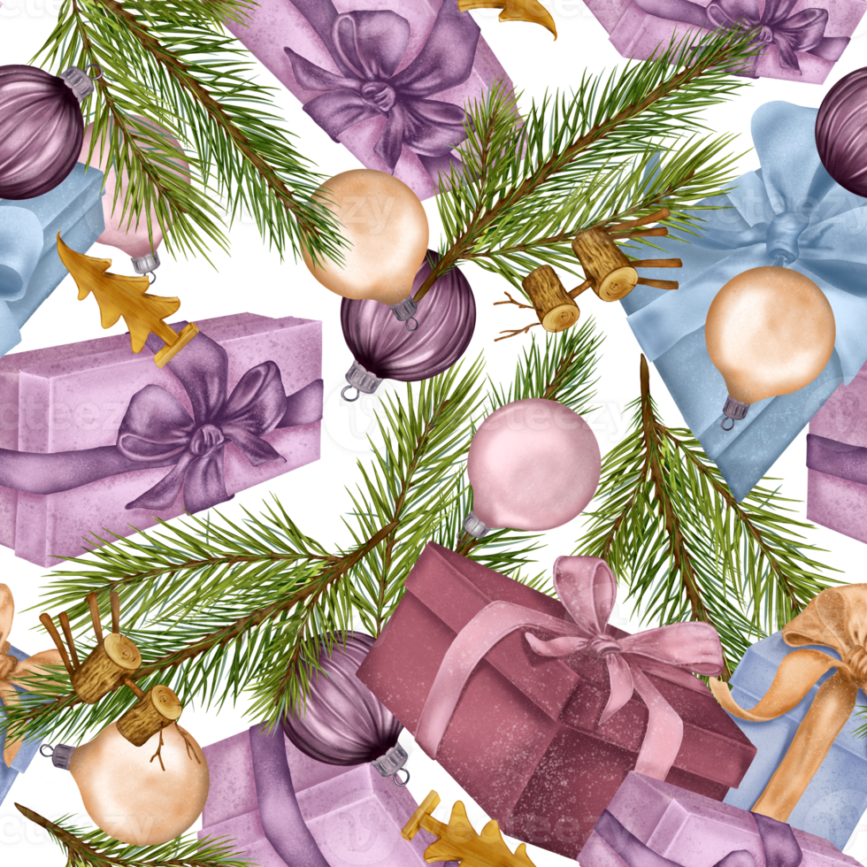 Christmas seamless pattern with Christmas toys and pine branch digital illustration. Holiday gift boxes, ball hand drawn. Element for new year design wrapping, textile, background. png