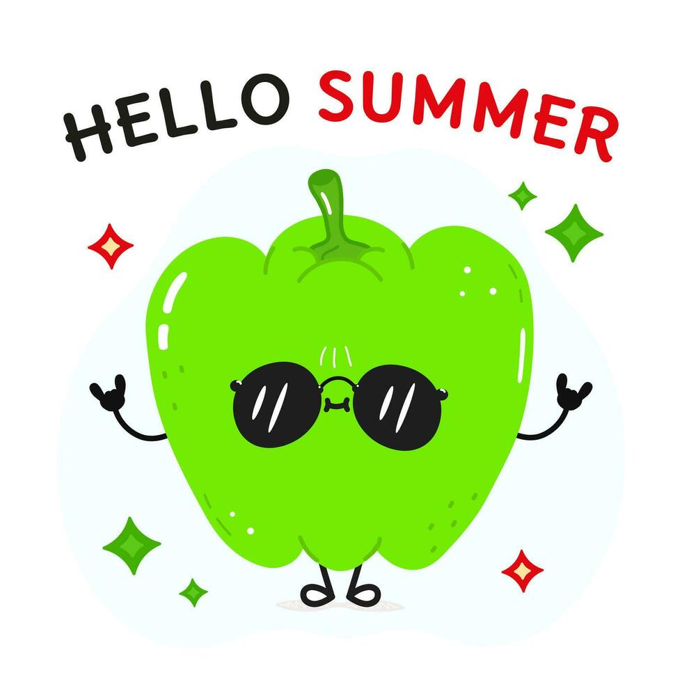 Green pepper character. Hello summer card. Vector hand drawn cartoon kawaii character illustration icon. Isolated on white background Green pepper character concept