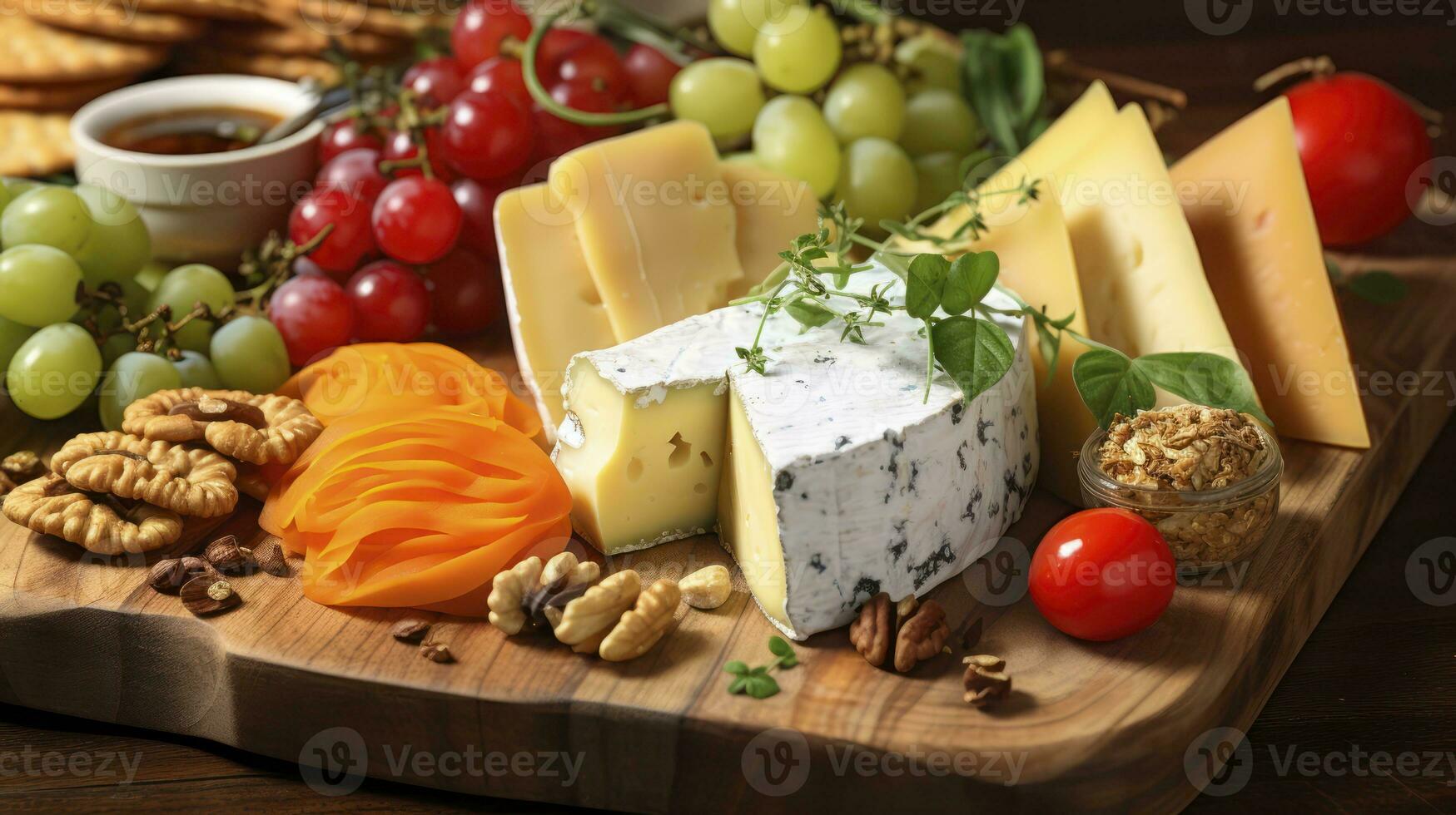 Cheese board - various types of cheese composition. Preparing healthy food. Generative AI photo