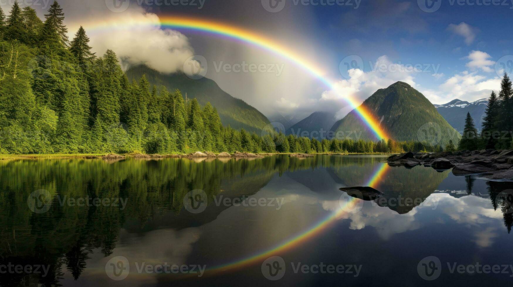 The Magic of Rainbows Over Rugged Mountains and Tranquil Lakes. Generative AI photo