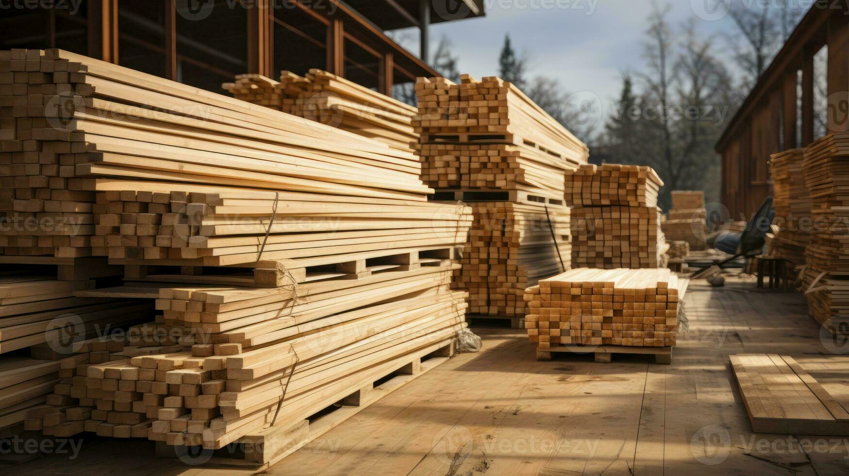Wood plank deposit store on a construction site. Generative AI photo