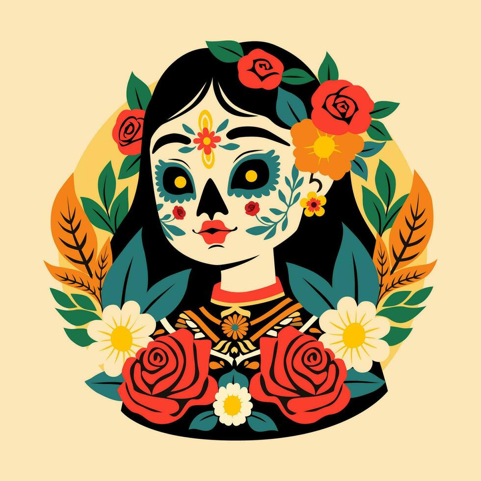 Mexican Girl Wearing Day of the Dead Makeup with Flowers vector
