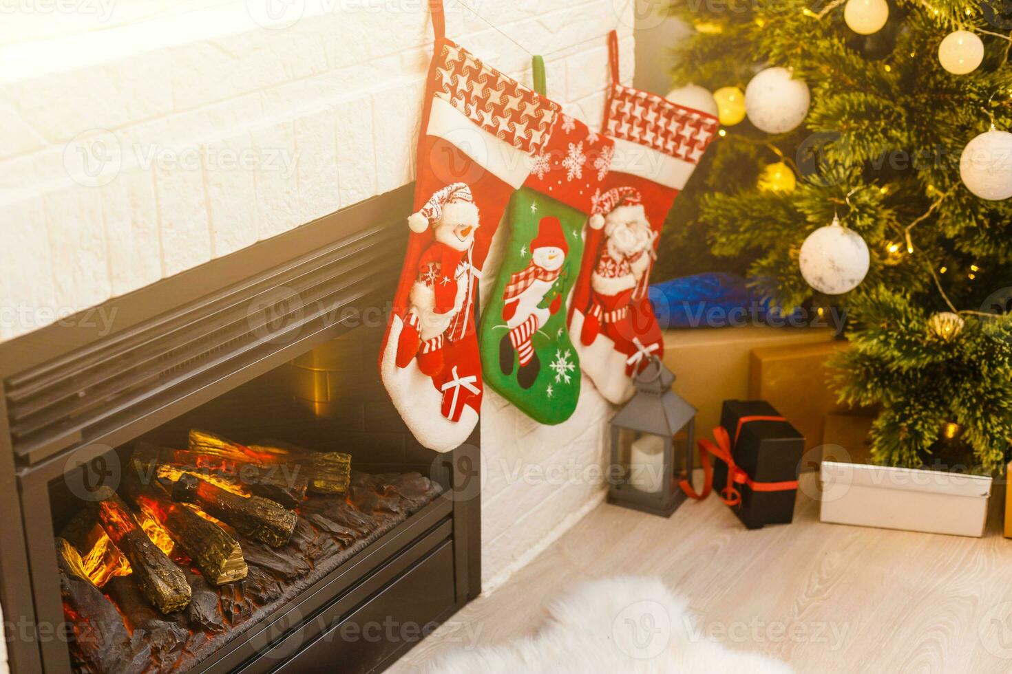 Christmas stocking on fireplace background photo