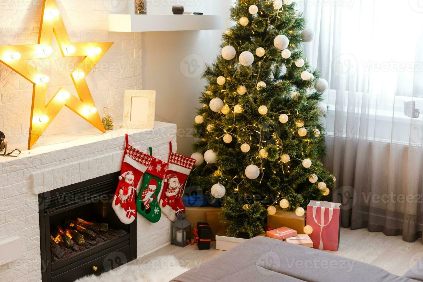Christmas stocking on fireplace background photo