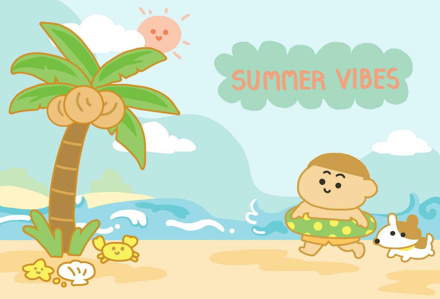 el chico y su perro contento en el playa.ilustracion linda dibujos animados estilo. vector