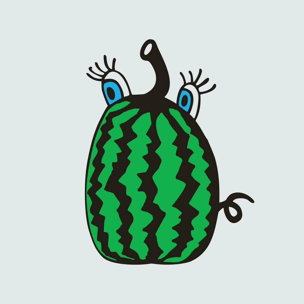 Watermelon cartoon character isolated on gray background. Healthy food funny mascot vector illustration in flat doodle design.