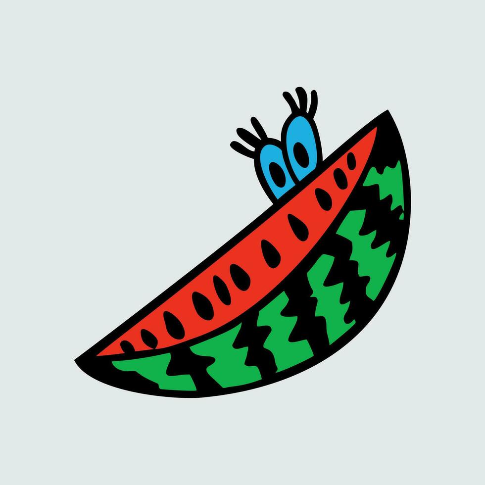 Watermelon character icon with smiley face. Hand-drawn cartoon doodle in simple naive style. Vector illustration.