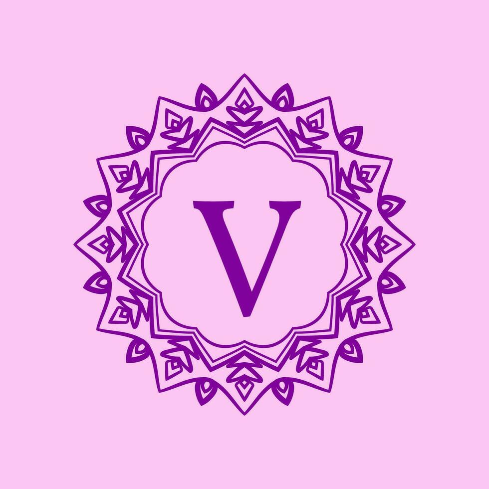 letter V mandala elegant circular border initial vector logo design