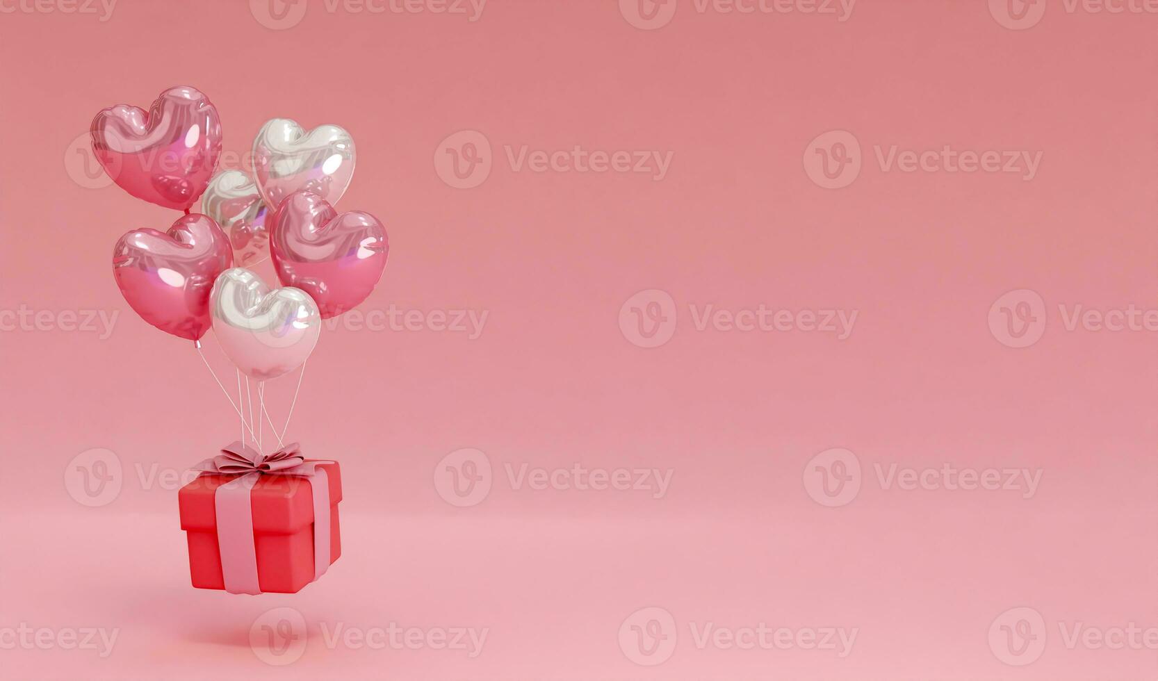 3D rendering background with heart-shaped balloons and gift boxes, suitable for Valentine's Day, weddings, birthdays, etc. photo