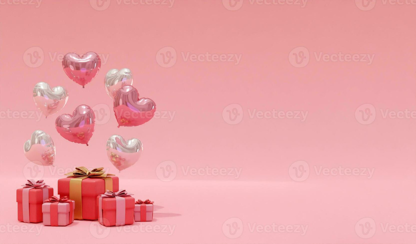 3D rendering background with heart-shaped balloons and gift boxes, suitable for Valentine's Day, weddings, birthdays, etc. photo