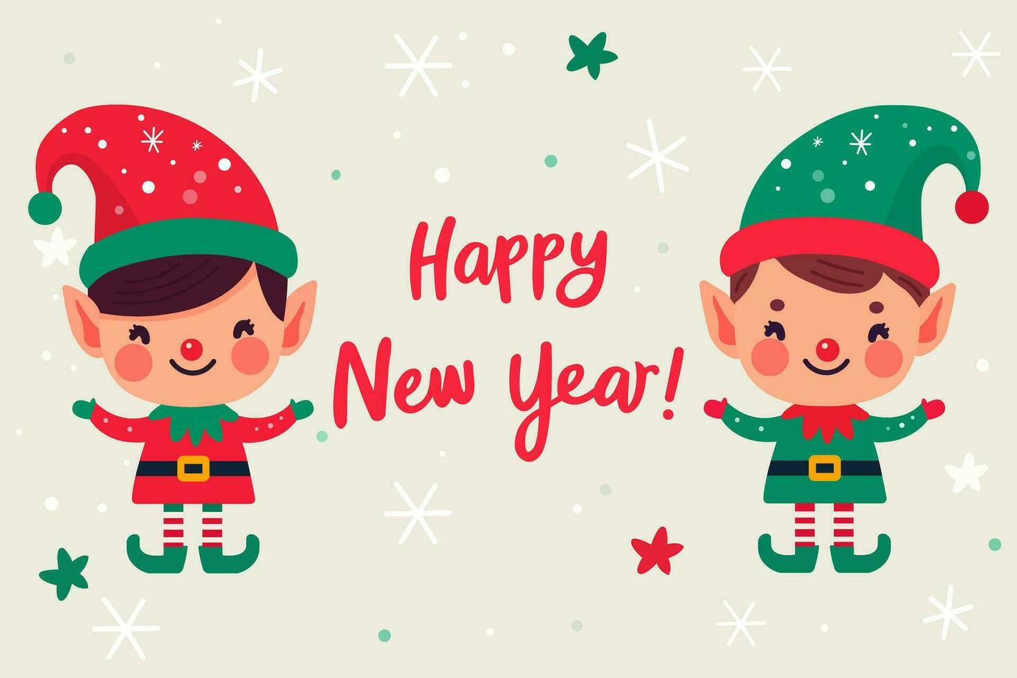 Happy new year banner, Cute Christmas elves, elf. Holiday cartoon character in winter season. Vector illustration