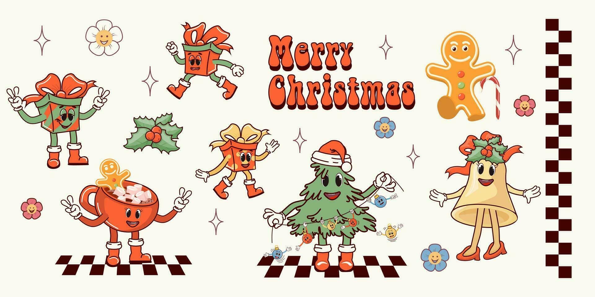 Merry Christmas. A set of retro characters in a cartoon style groovy. Atmosphere of the 60's and 70's. Merry Christmas and Happy New Year. Vector illustration