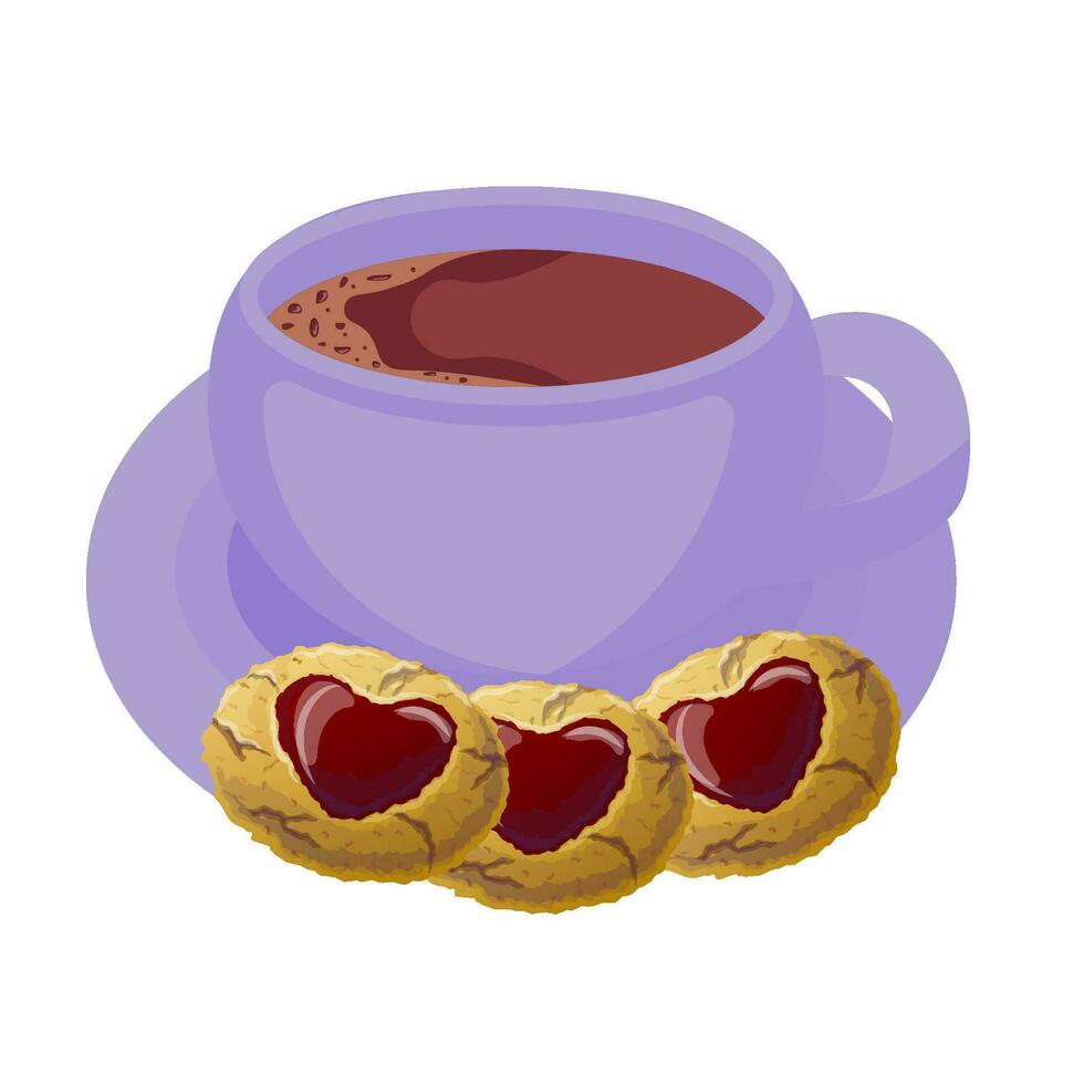 galletas con un mermelada corazón en el medio. jarra con caliente cacao. vector ilustración en dibujos animados estilo. San Valentín dia.realista galletas, amor concepto, contento San Valentín día. vector ilustración