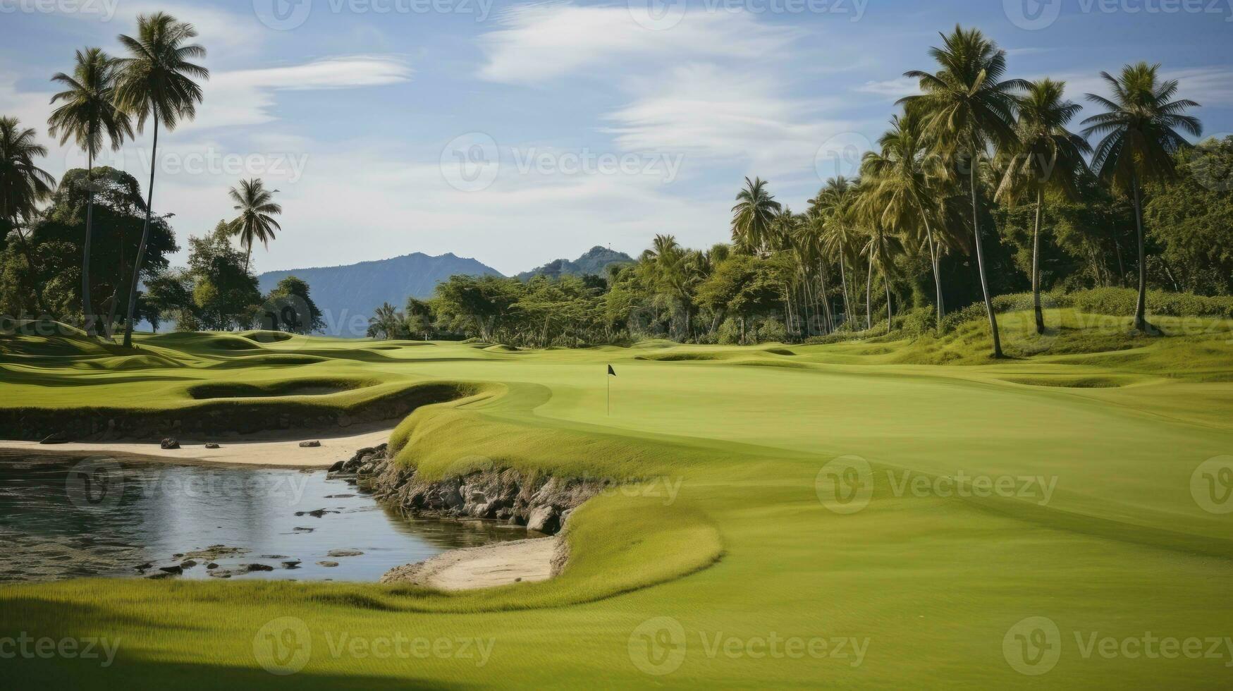 The Serene Landscape of a Golf Course Meeting the Blue Sky. Generative AI photo