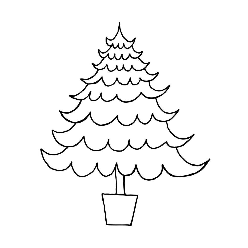 Hand drawn Christmas tree in pot illustration. Simple Christmas tree doodle. Pine tree illustration. vector