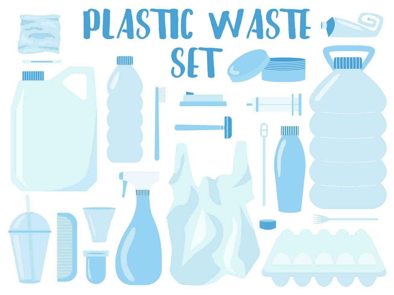 Set of plastic objects flat design. Vector plastic waste set.