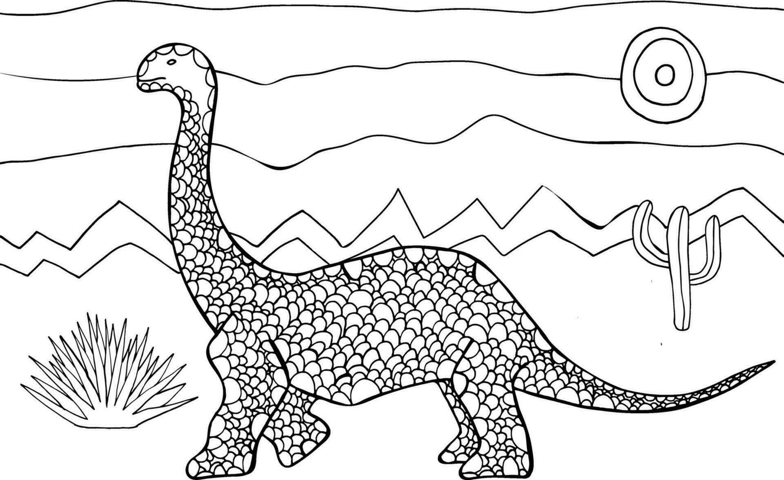 Diplodocus vector illustration. Coloring page with fantastic dinosaur in wild landscape. Cute ornaments for children and adults.