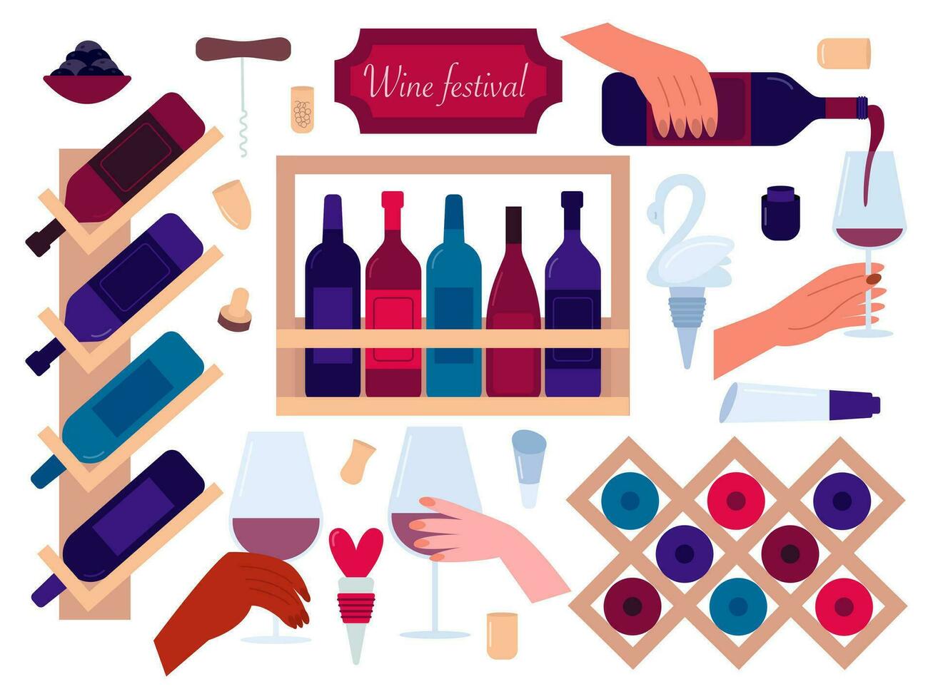 Wine festival flat style set. Vector wine tasting and winery concept set. Trendy shelf with bottles, hands with glasses.