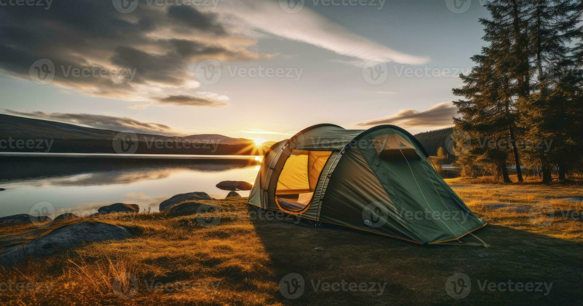 Nature's Canvas - The Tent by the Lake and the Artistry of Rising and Setting Suns. Generative AI photo