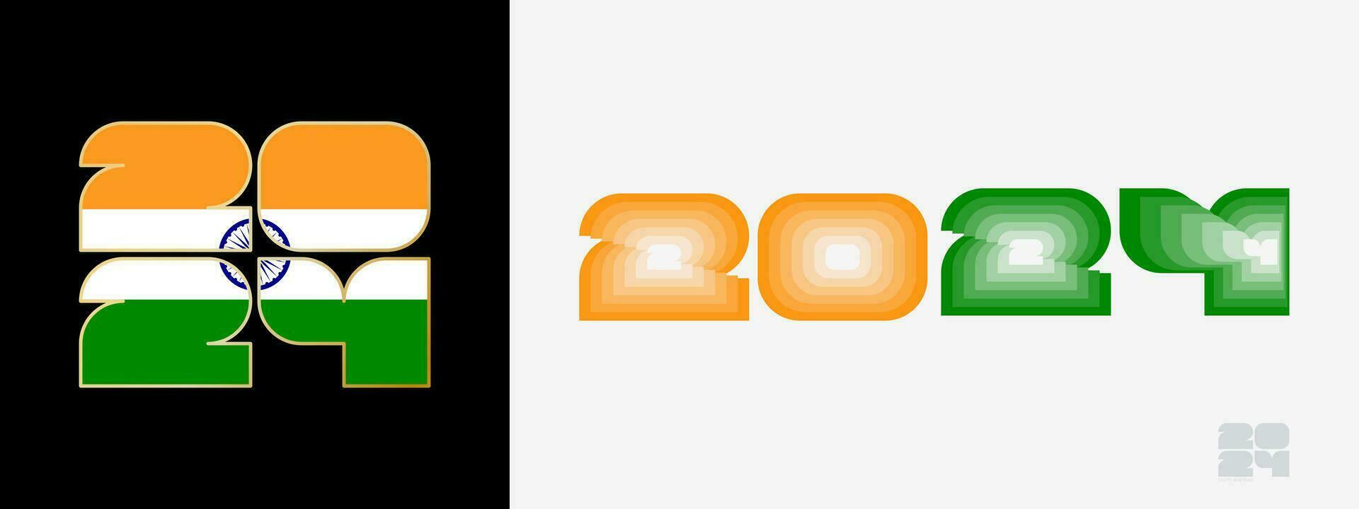 Year 2024 with flag of India and in color palate of India flag. Happy New Year 2024 in two different style. vector