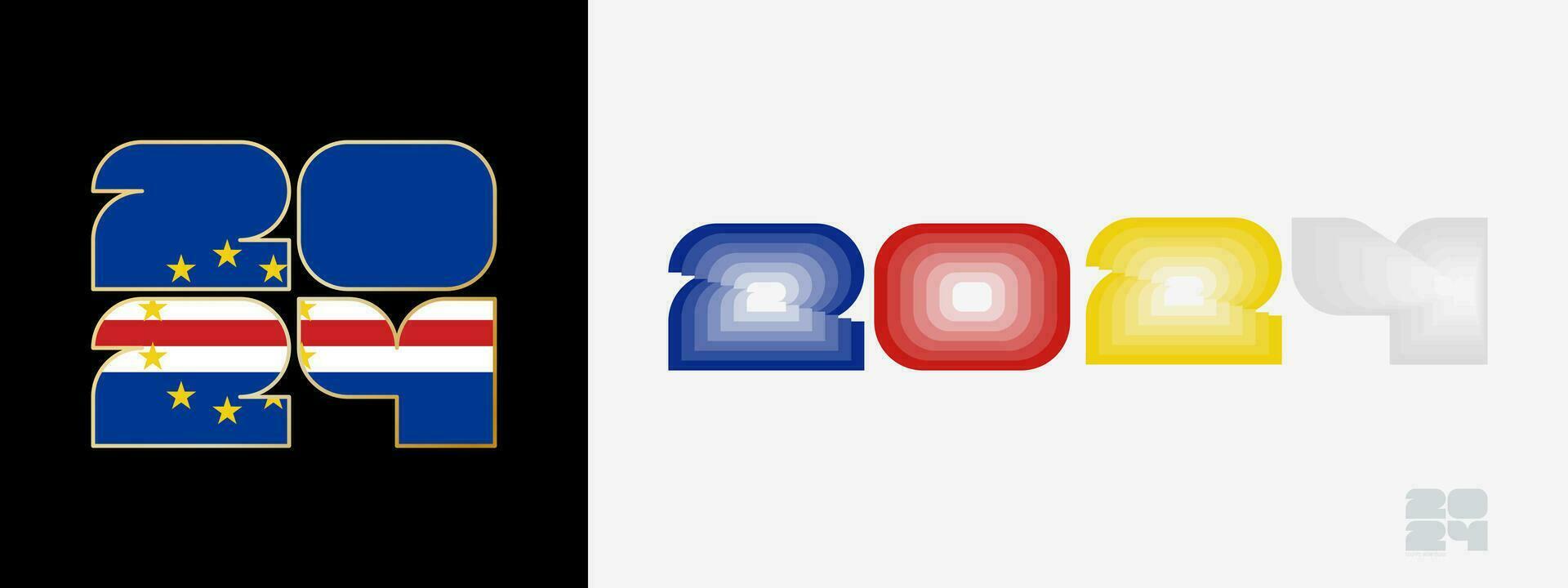 Year 2024 with flag of Cape Verde and in color palate of Cape Verde flag. Happy New Year 2024 in two different style. vector