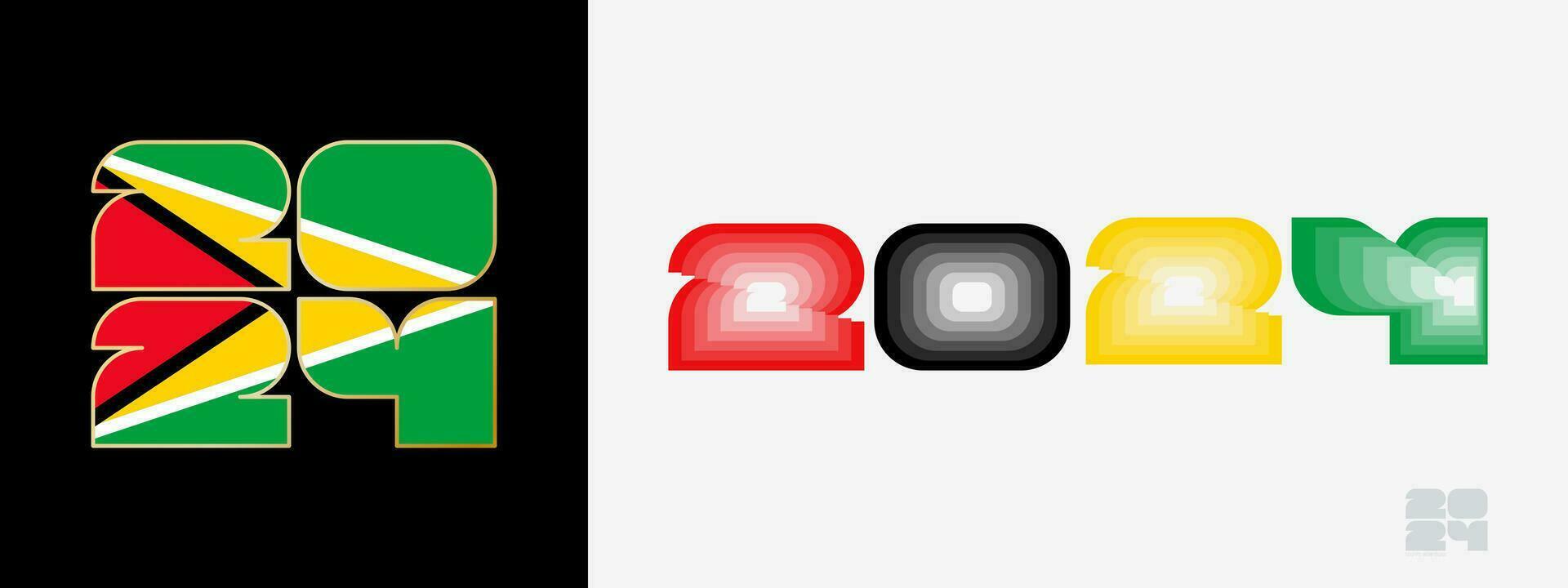 Year 2024 with flag of Guyana and in color palate of Guyana flag. Happy New Year 2024 in two different style. vector