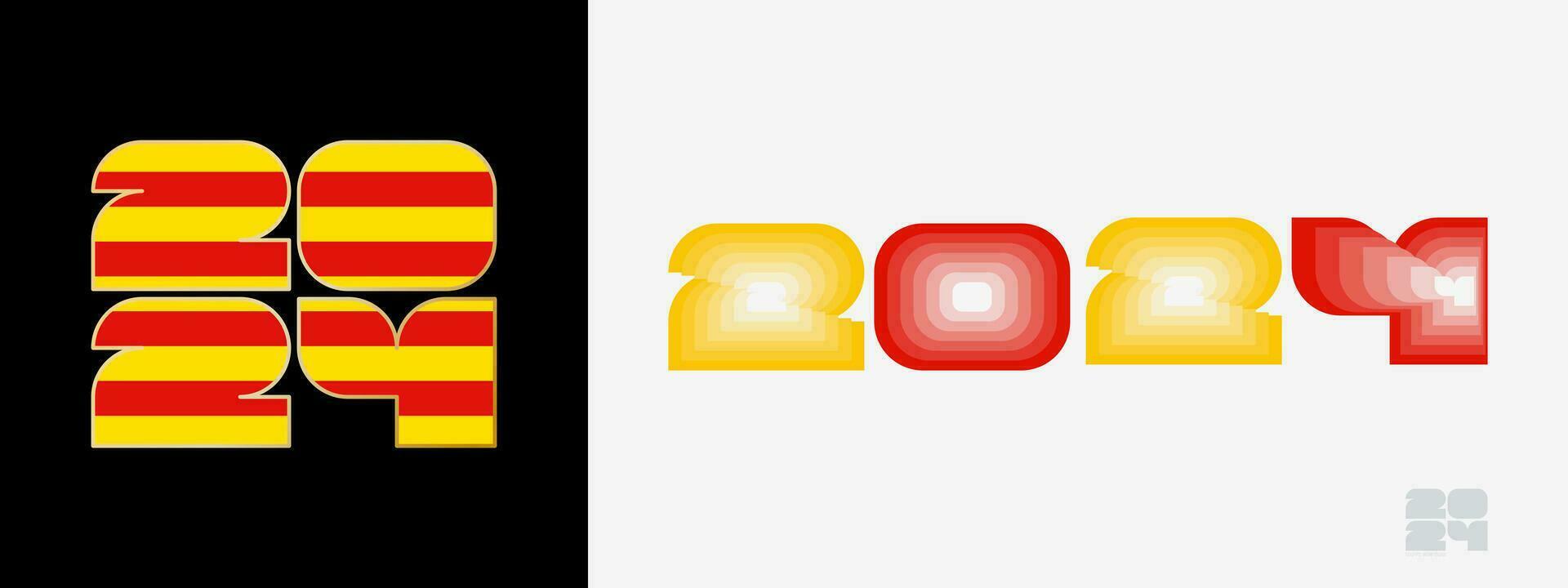 Year 2024 with flag of Catalonia and in color palate of Catalonia flag. Happy New Year 2024 in two different style. vector