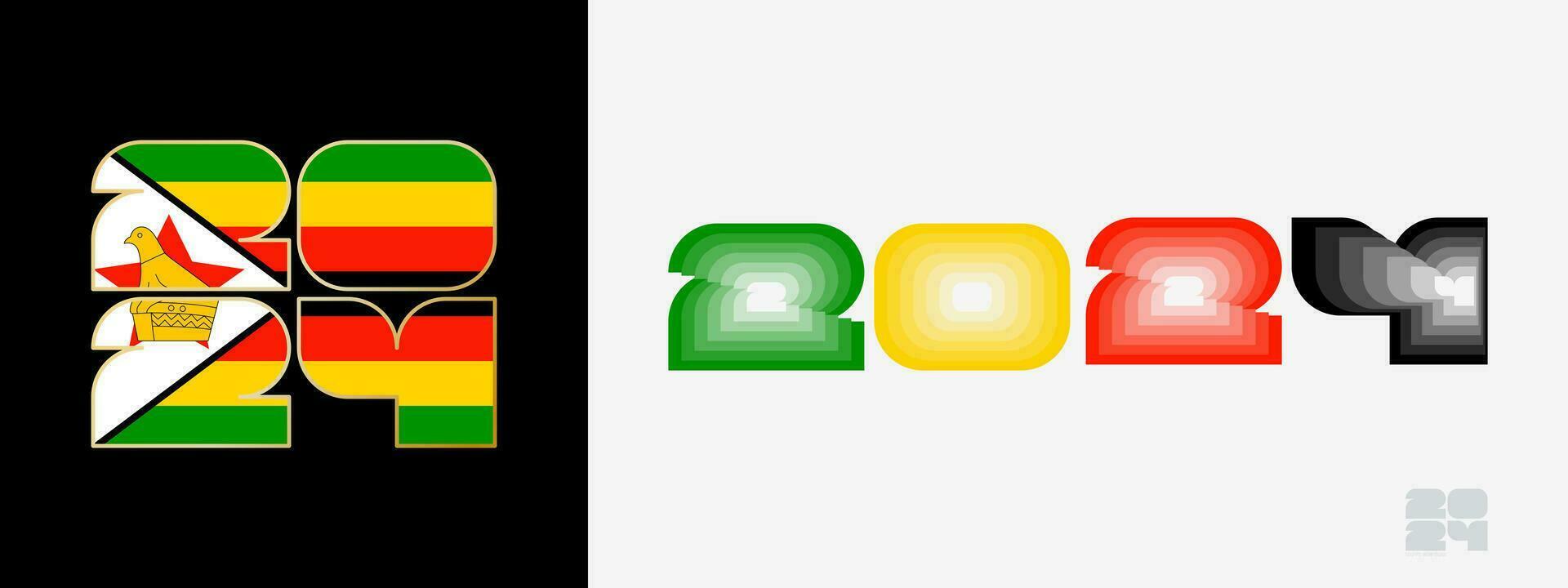 Year 2024 with flag of Zimbabwe and in color palate of Zimbabwe flag. Happy New Year 2024 in two different style. vector