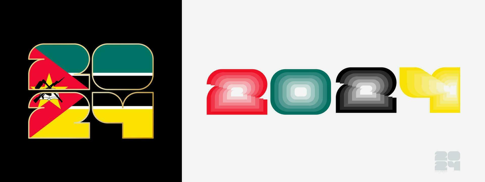 Year 2024 with flag of Mozambique and in color palate of Mozambique flag. Happy New Year 2024 in two different style. vector