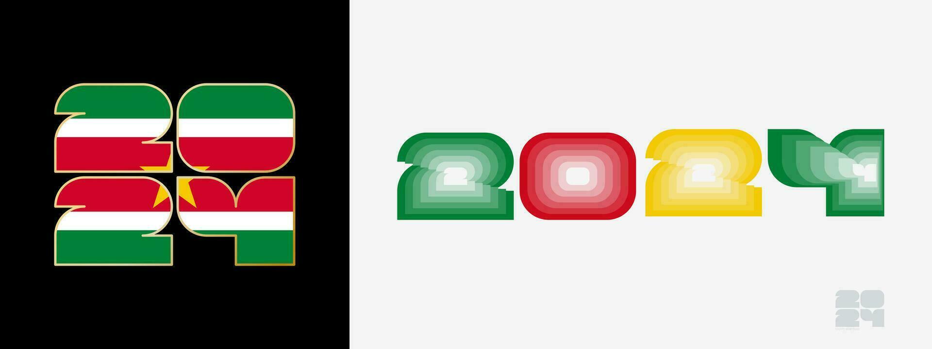 Year 2024 with flag of Suriname and in color palate of Suriname flag. Happy New Year 2024 in two different style. vector