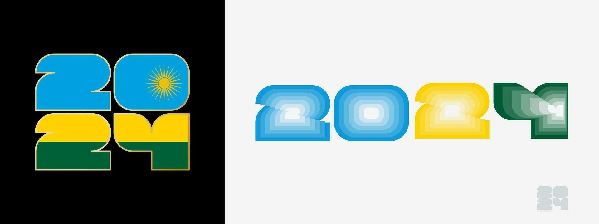 Year 2024 with flag of Rwanda and in color palate of Rwanda flag. Happy New Year 2024 in two different style. vector