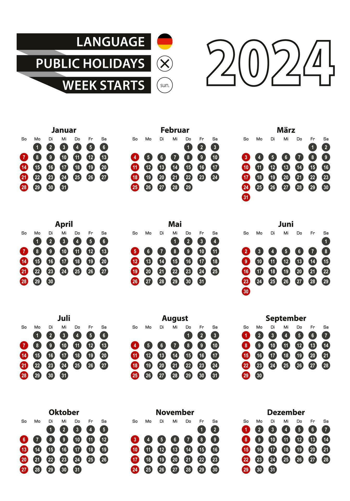 German calendar 2024 with numbers in circles, week starts on Sunday
