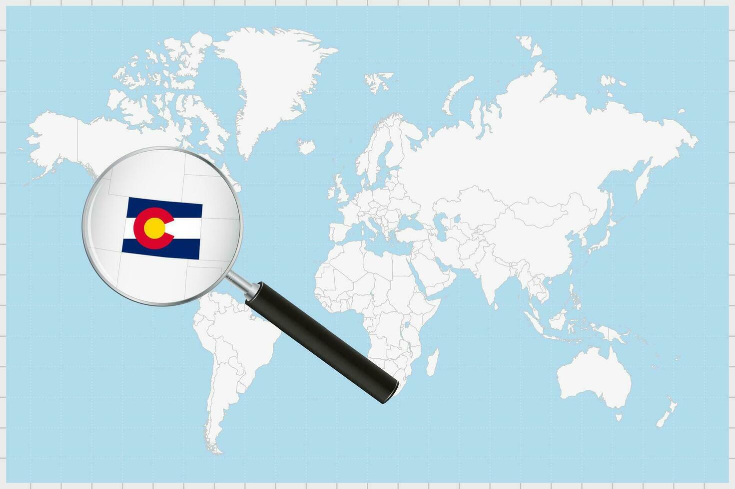 Magnifying glass showing a map of Colorado on a world map. vector