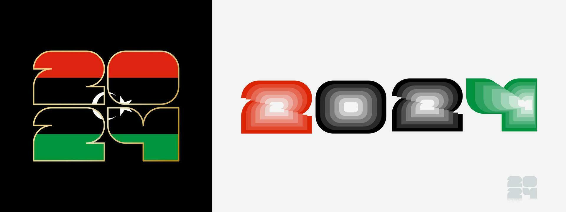 Year 2024 with flag of Libya and in color palate of Libya flag. Happy New Year 2024 in two different style. vector