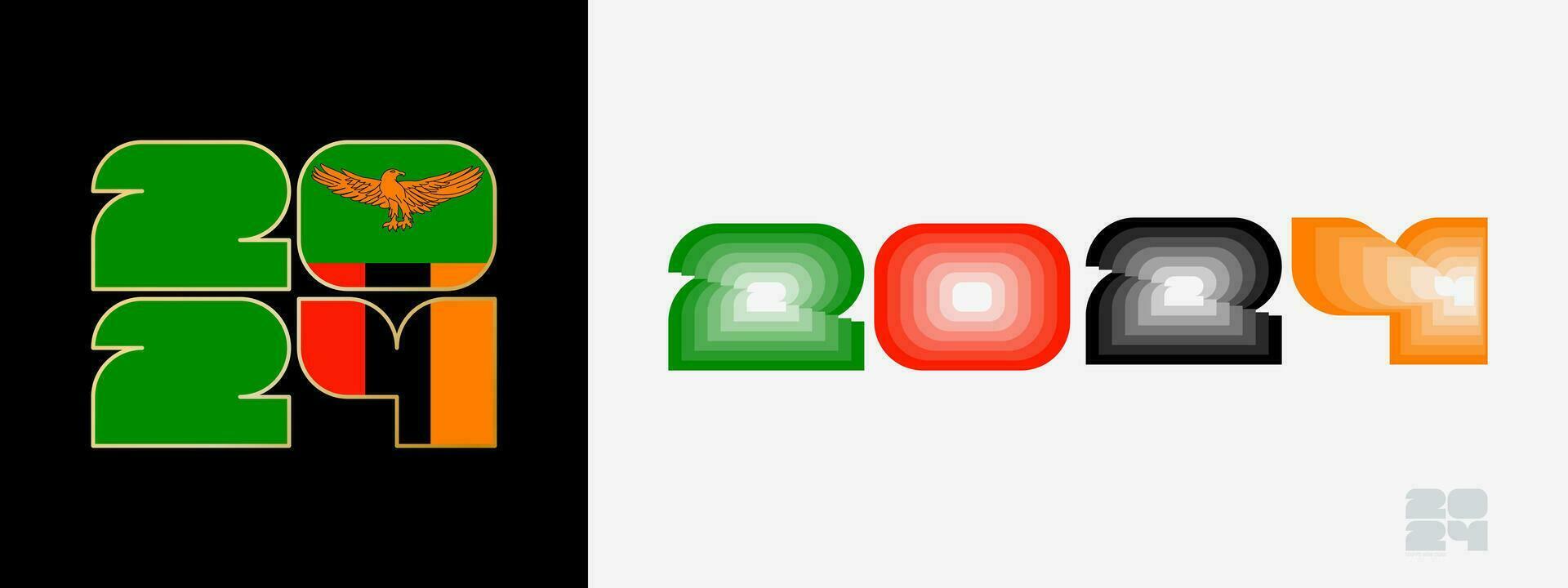 Year 2024 with flag of Zambia and in color palate of Zambia flag. Happy New Year 2024 in two different style. vector