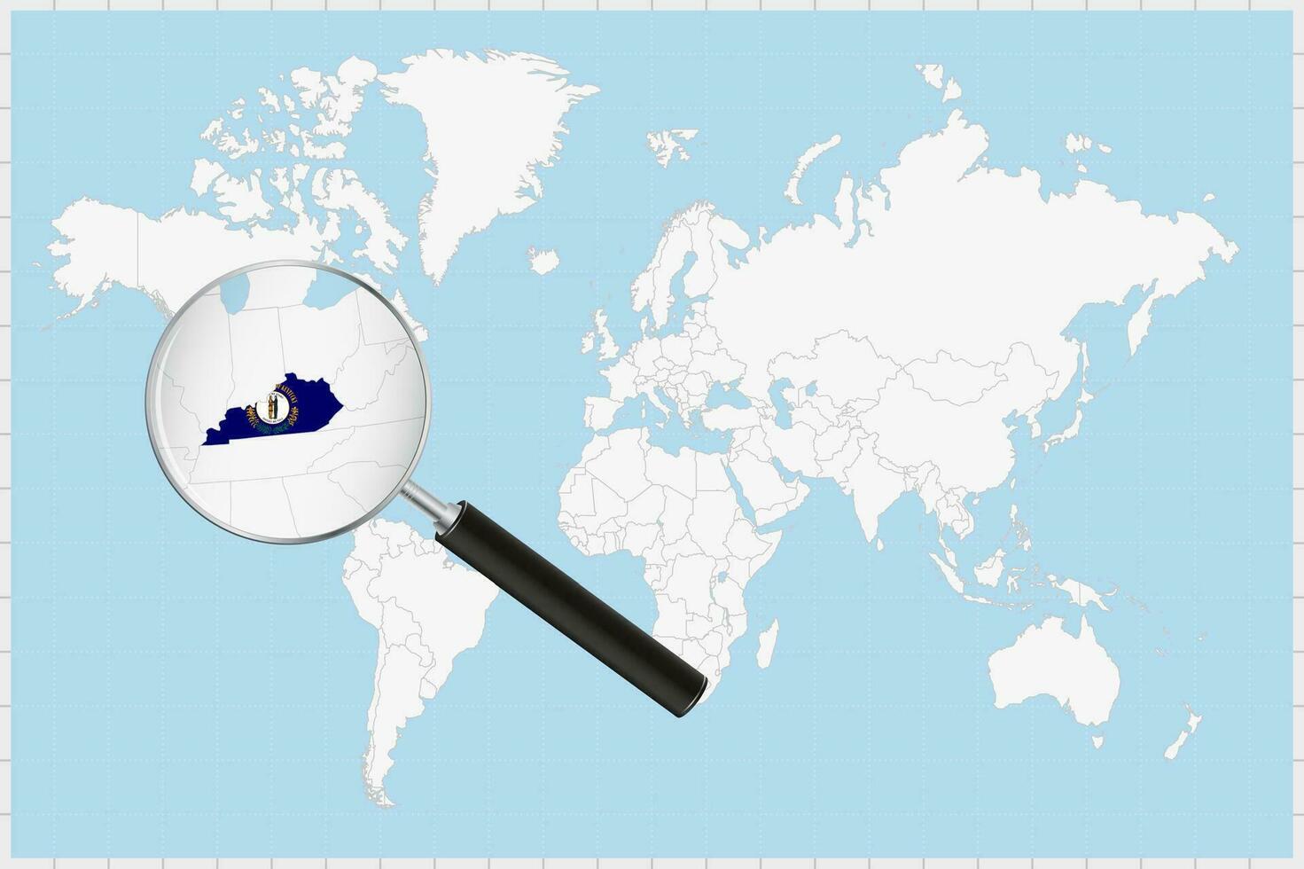 Magnifying glass showing a map of Kentucky on a world map. vector