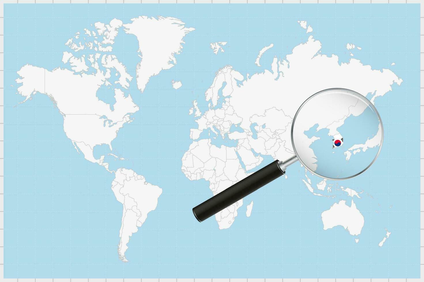 Magnifying glass showing a map of South Korea on a world map. vector