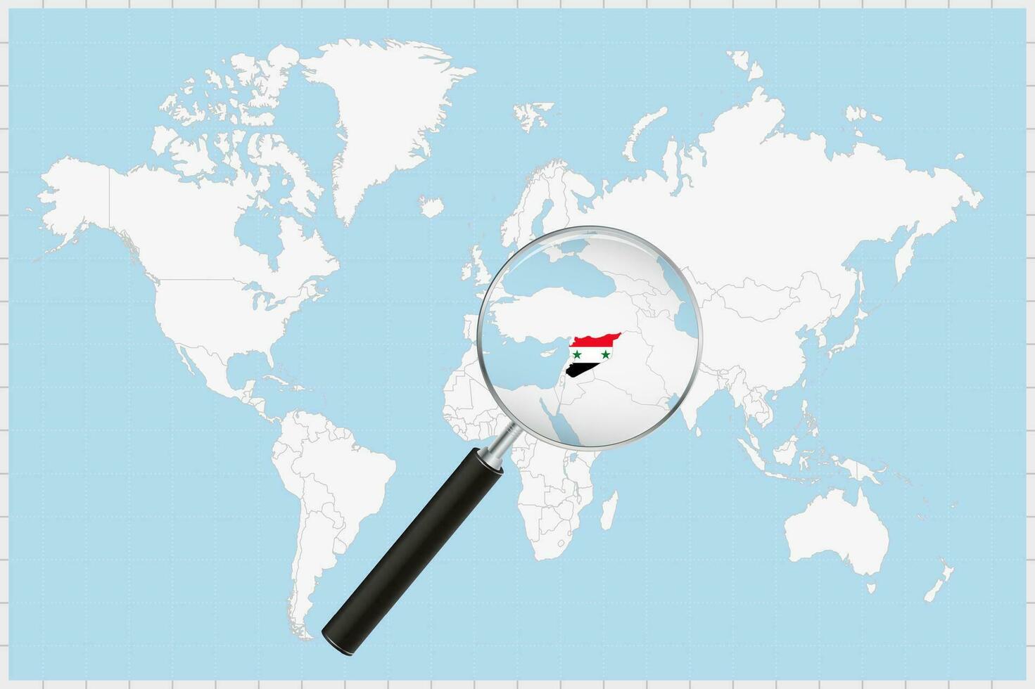 Magnifying glass showing a map of Syria on a world map. vector