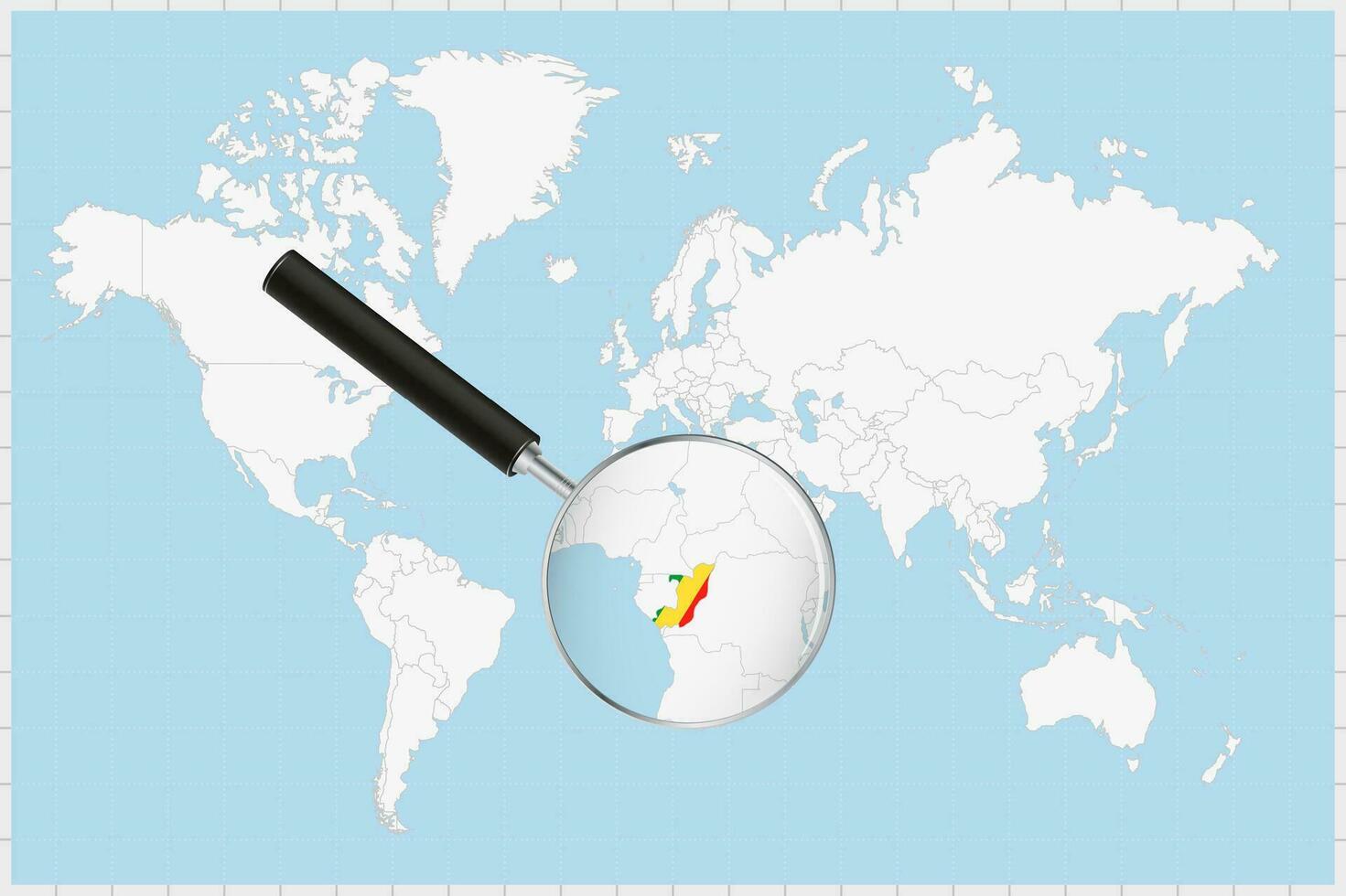 Magnifying glass showing a map of Congo on a world map. vector