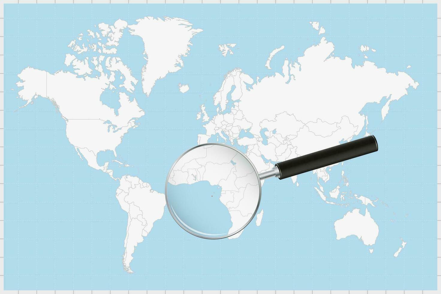 Magnifying glass showing a map of Sao Tome and Principe on a world map. vector