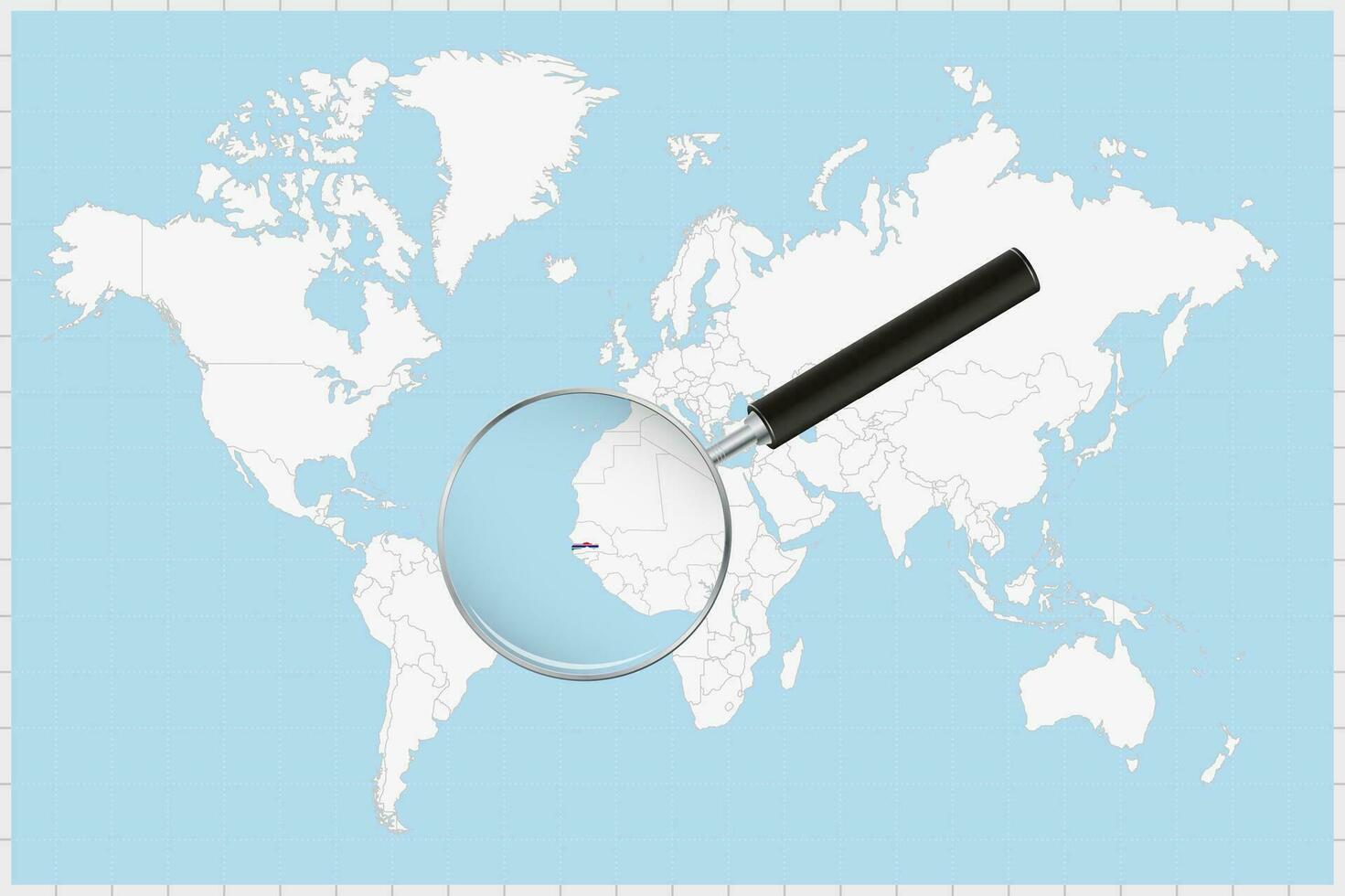 Magnifying glass showing a map of Gambia on a world map. vector