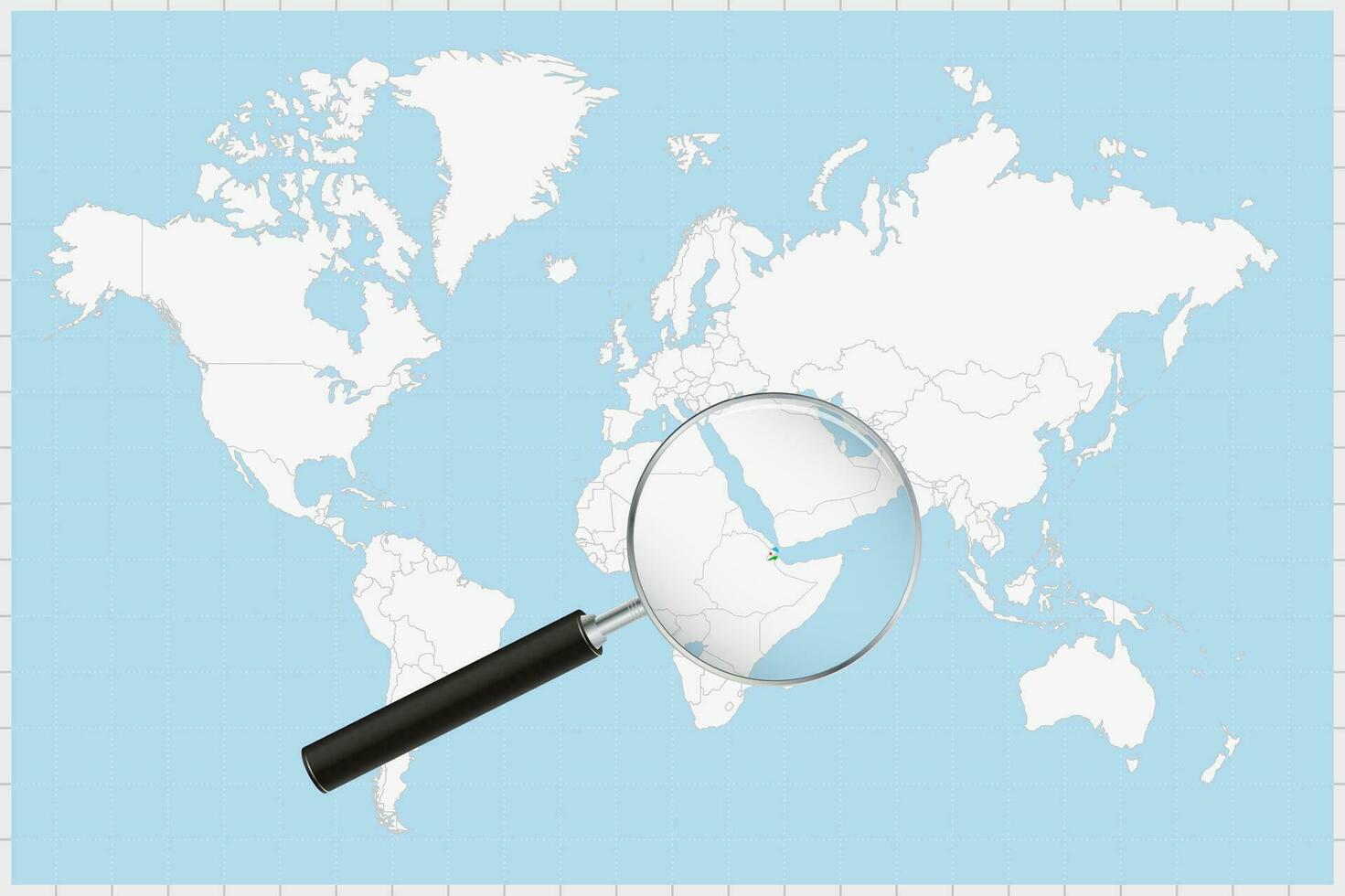 Magnifying glass showing a map of Djibouti on a world map. vector