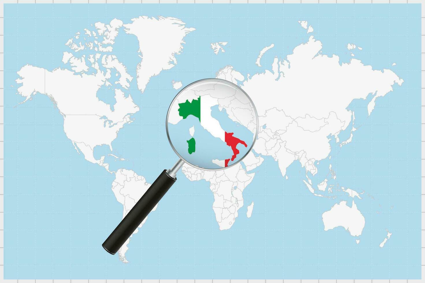 Magnifying glass showing a map of Italy on a world map. vector