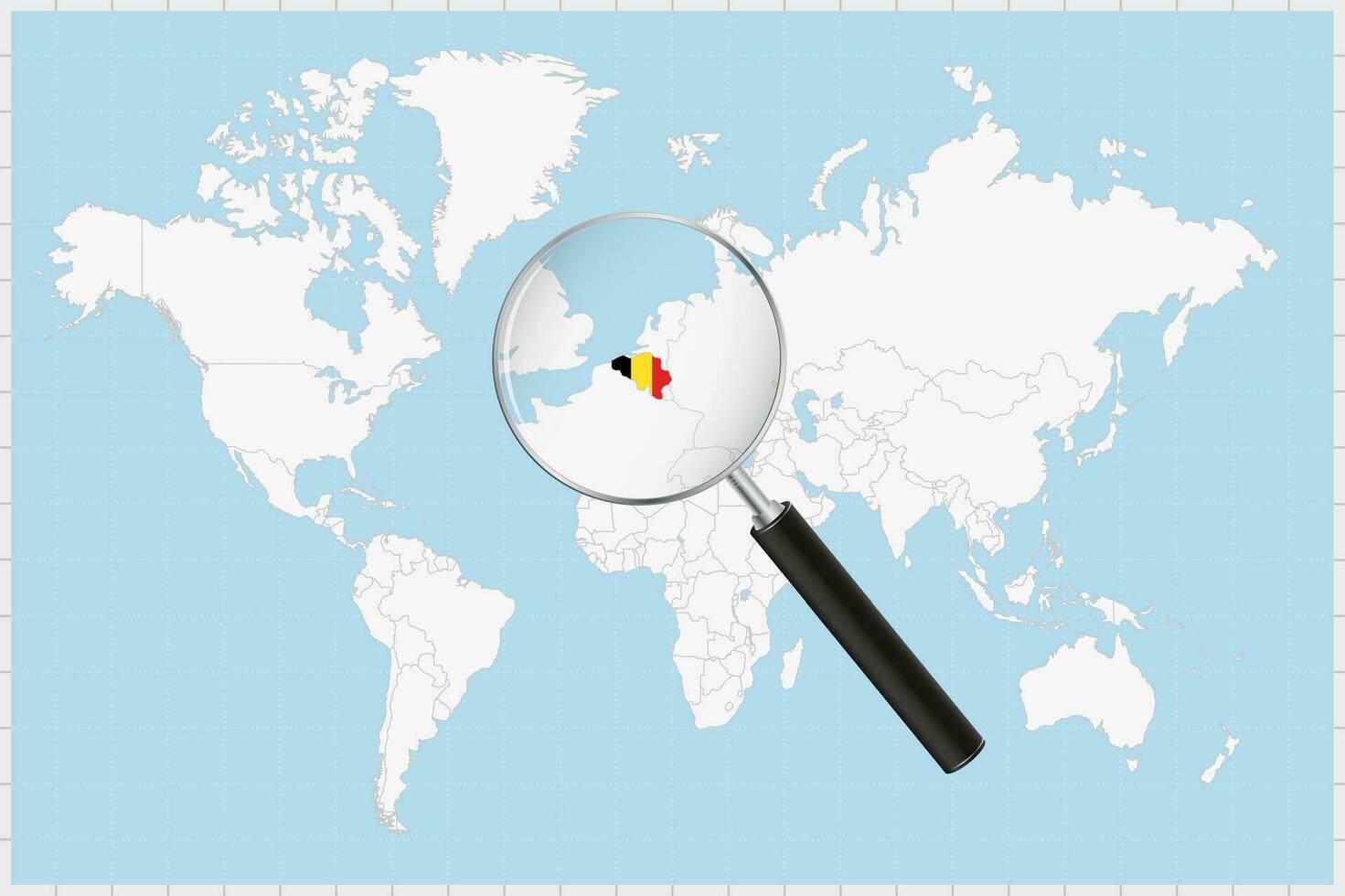 Magnifying glass showing a map of Belgium on a world map. vector