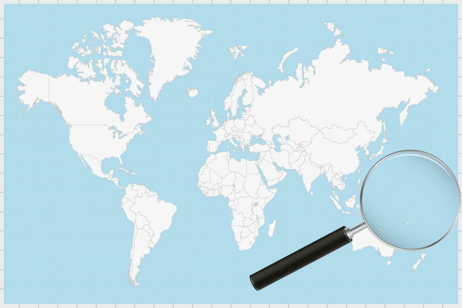 Magnifying glass showing a map of Tuvalu on a world map. vector
