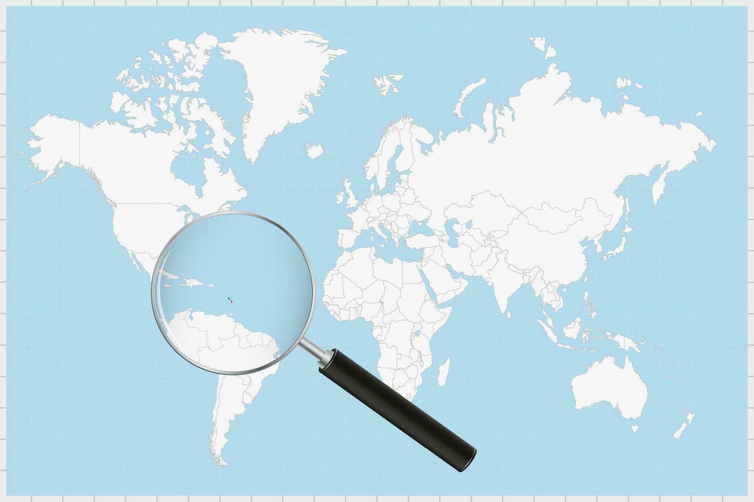 Magnifying glass showing a map of Saint Kitts and Nevis on a world map. vector