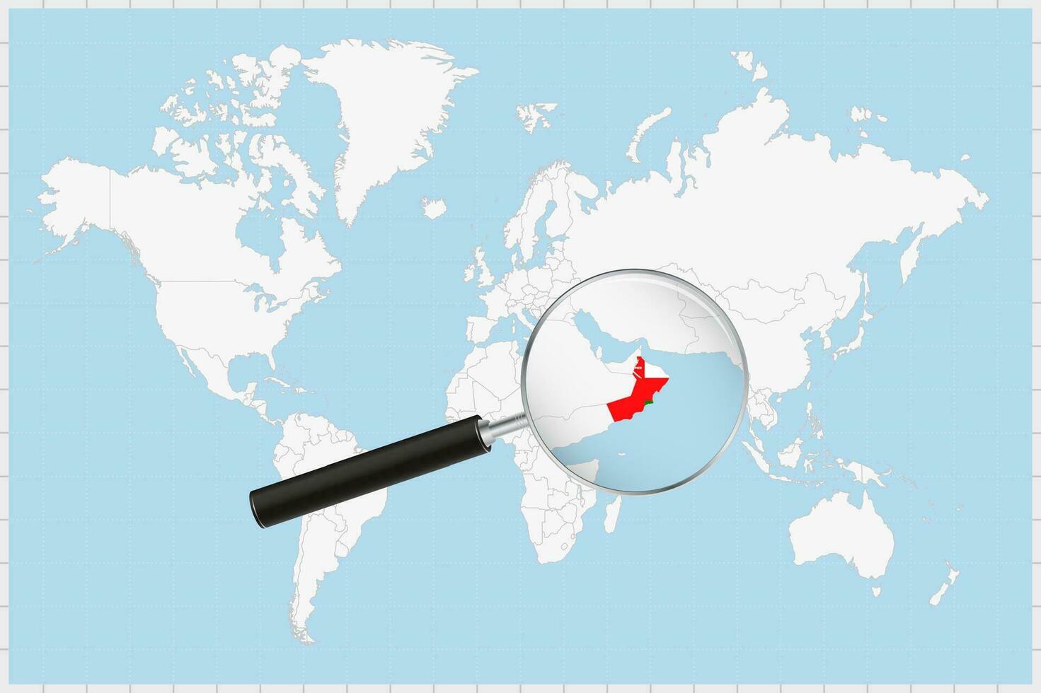 Magnifying glass showing a map of Oman on a world map. vector
