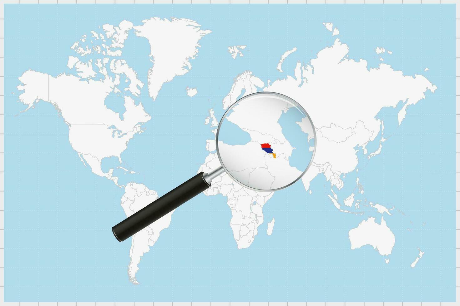 Magnifying glass showing a map of Armenia on a world map. vector