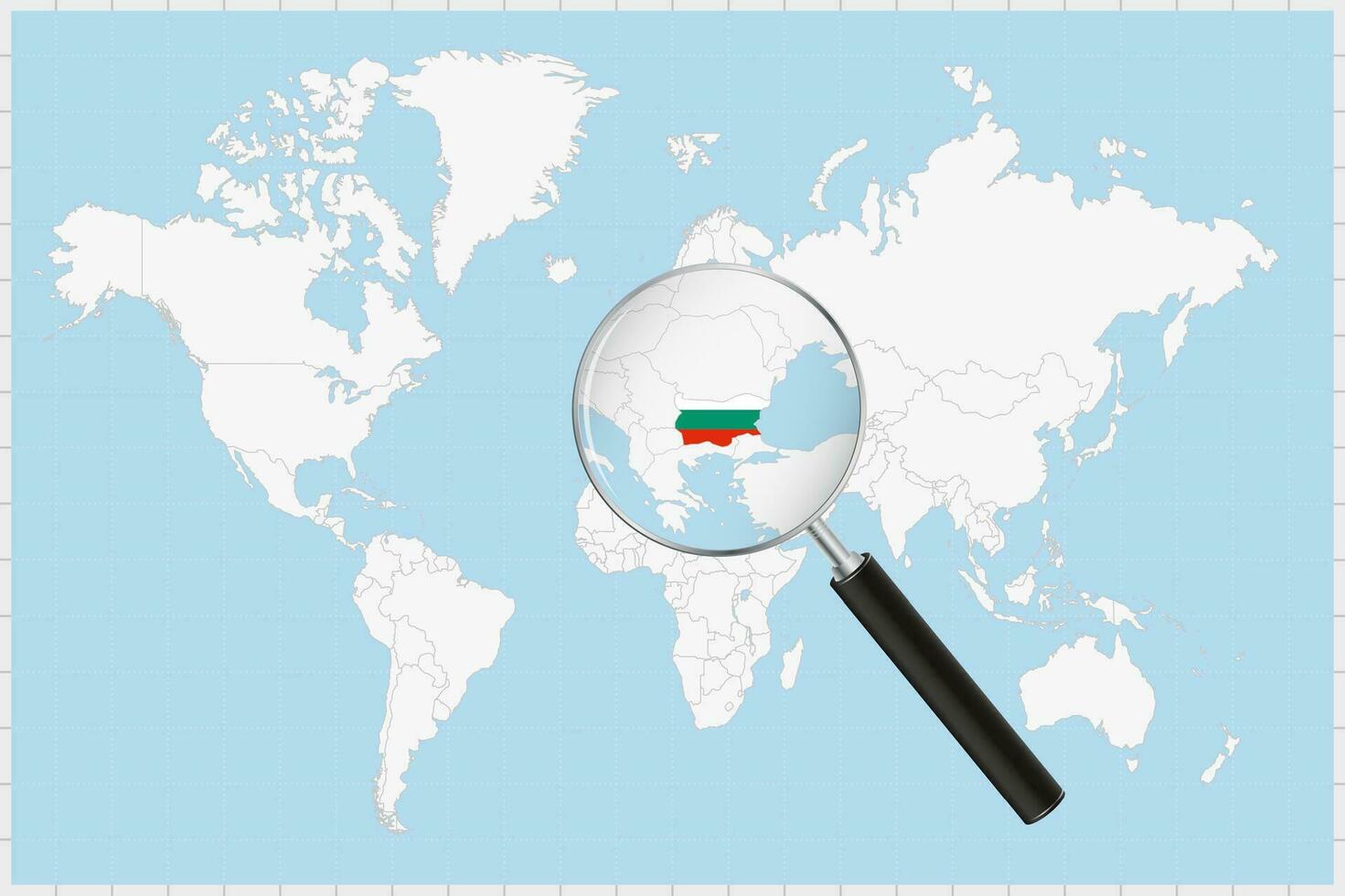 Magnifying glass showing a map of Bulgaria on a world map. vector