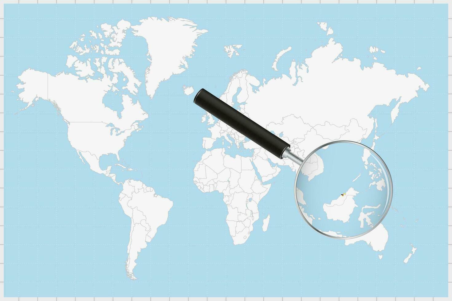 Magnifying glass showing a map of Brunei on a world map. vector